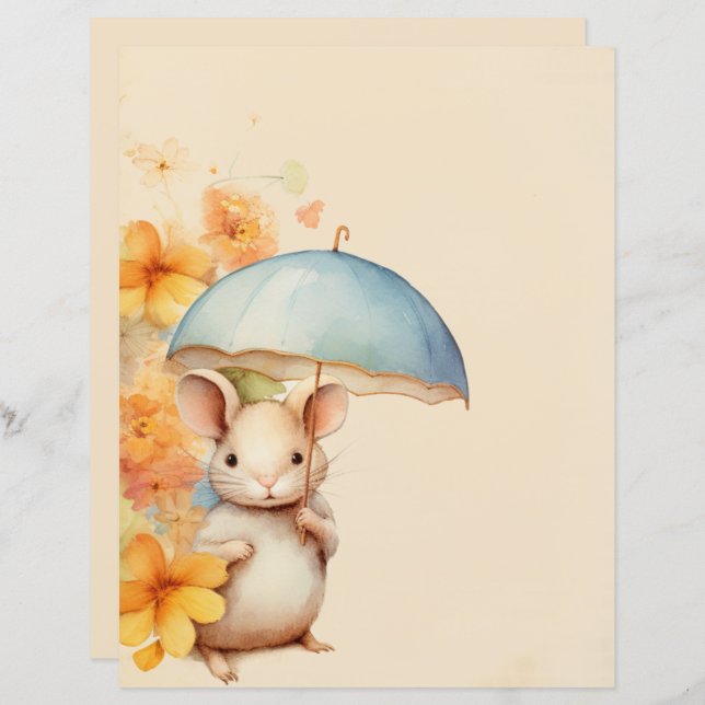 Lámina Ratón naranja de paraguas flores papel marrón vint (Anverso / Reverso)