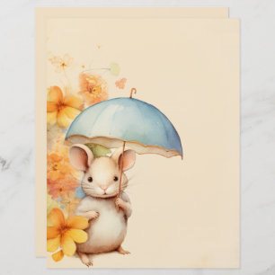 Lámina Ratón naranja de paraguas flores papel marrón vint