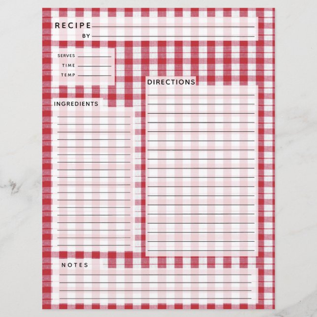 Lámina Receta de Gingham roja y blanca Insertar (Reverso)