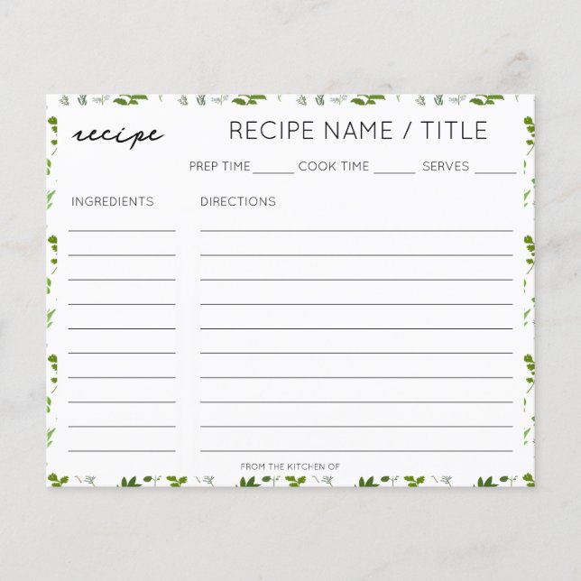 Lámina Receta de hierbas aromáticas verdes para la cocina (Anverso)