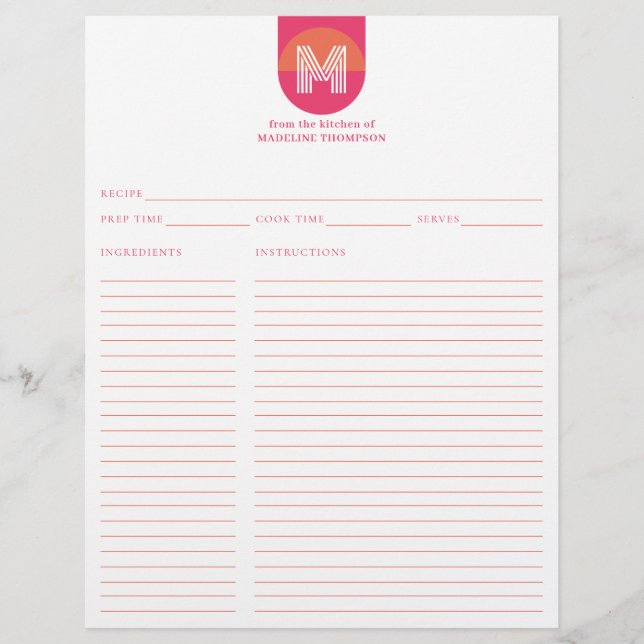 Lámina Receta de Monograma Geométrico Naranja Rosa Retro  (Anverso)