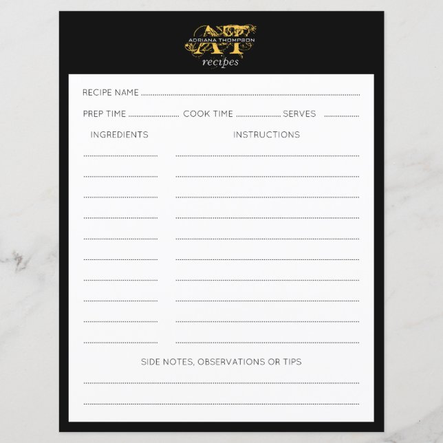 Lámina Receta monogramada moderna en negro y oro con prob (Reverso)