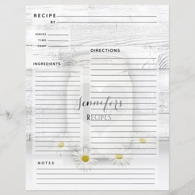 Lámina Receta personalizada de Cookbook Mason Jar Insert (Reverso)