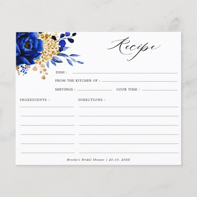 Lámina Receta Royal Blue Yellow Gold Floral Bridal Shower (Anverso)
