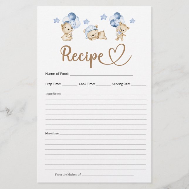 Lámina Receta Teddy Bear Boy Baby Shower (Anverso)