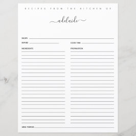 Lámina Recetas de Monograma Blanco Negro Moderno, Recetas
