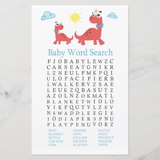Lámina Red dinosaur Baby Shower Word Search Game (Anverso)
