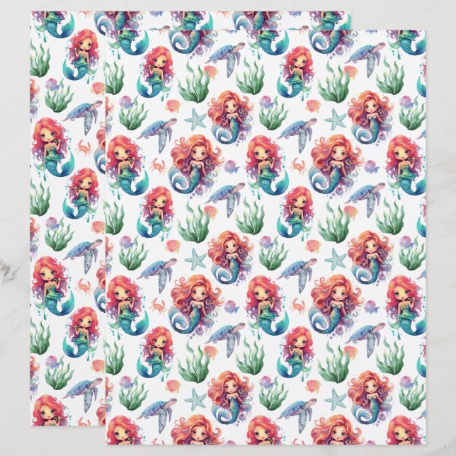 Lámina Red Mermaid Scrapbook Paper in White (Anverso / Reverso)