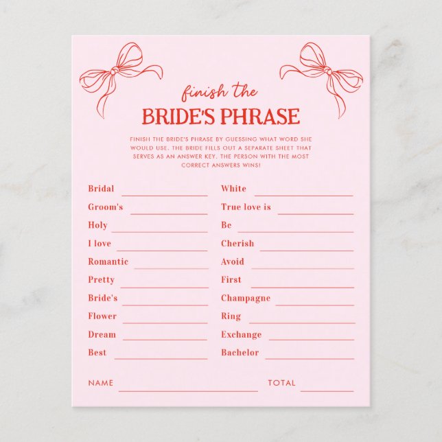 Lámina Red & Pink Bow Finish the Bride's Phrase Game (Anverso)