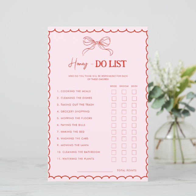 Lámina Red Pink Bow Xmas Honey Do List Bridal Shower Game (Anverso de pie)