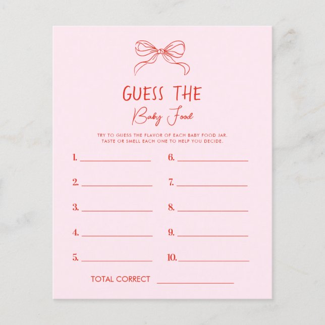 Lámina Red Pink Hand Drawn Bow Guess The Baby Food Game (Anverso)