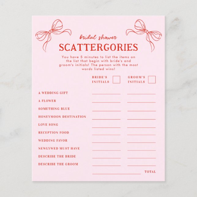 Lámina Red Pink Hand Drawn Bow Holiday Scattergories Game (Anverso)