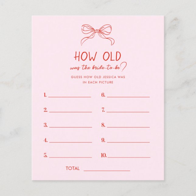 Lámina Red Pink Hand Drawn Bow How Old Was the Bride Game (Anverso)