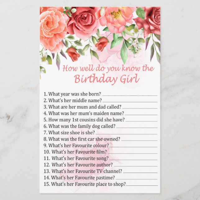 Lámina Red Rose Qué tan bien conoces al chica de cumpleañ (Anverso)