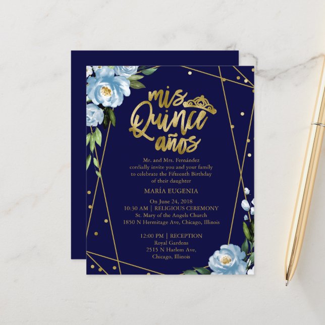Lámina Relieve metalizado dorado de invitación Quinceaner (Anverso/Reverso In Situ)