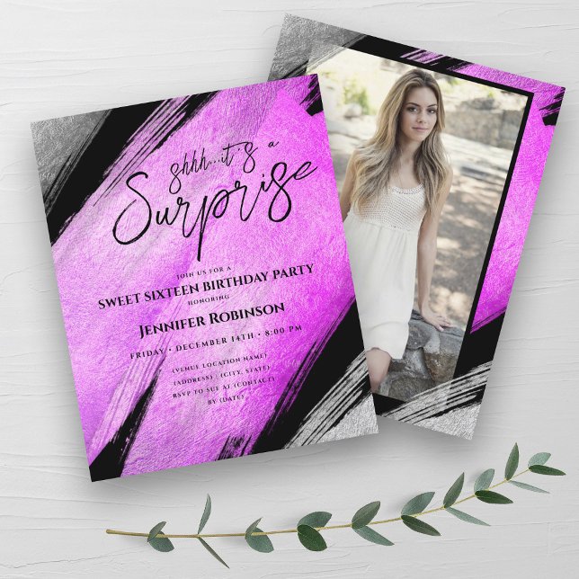 Lámina Relieve metalizado plateado rosa caliente Sorpresa (Hot Pink Silver Foil Surprise Sweet 16 Invites)