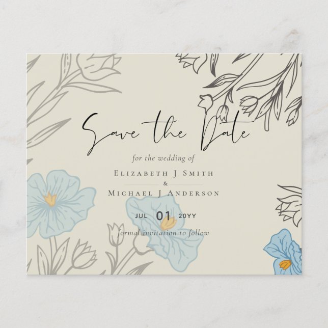 Lámina Resumen floral azul moderno Boda SAve la fecha (Anverso)