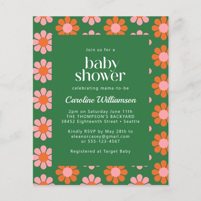 Lámina Retro Cuto Presupuestario Flores Verde Baby Shower (Anverso)