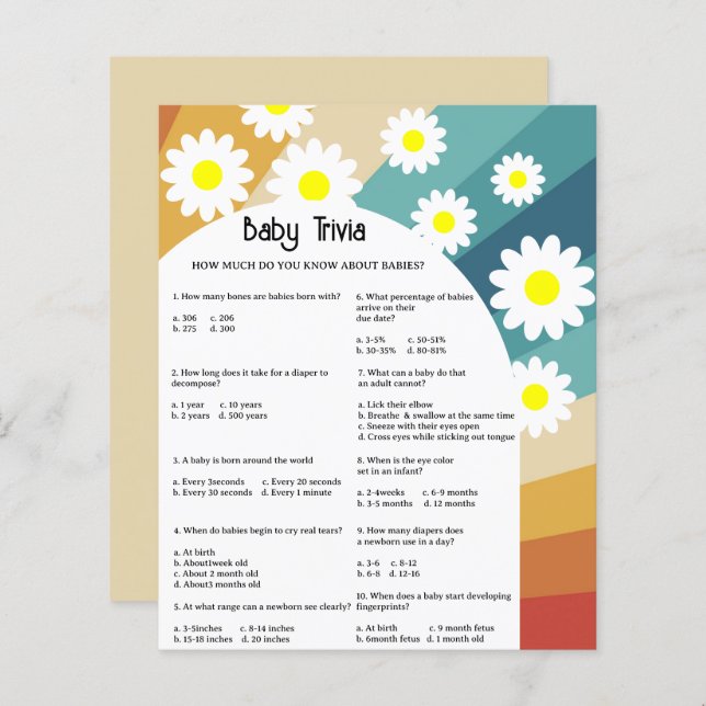 Lámina Retro Groovy - Baby Trivia | Juego Baby Shower (Anverso / Reverso)