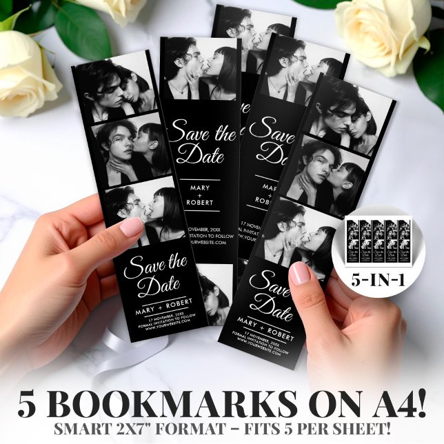 Lámina Retro Photo Booth 2x7" Guardar la tira de Bodas de (Photo Booth 2x7" Save the Date Wedding Strip )