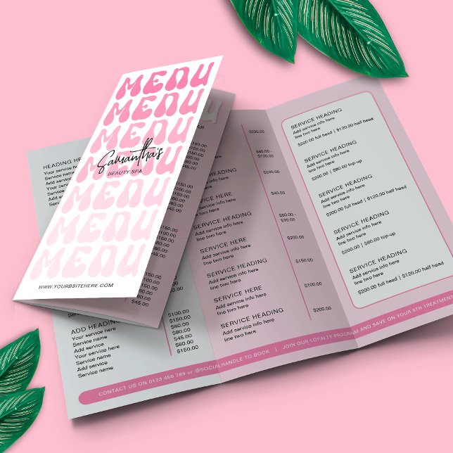 Lámina Retro Pink Groovy Beauty Salon Tri-Fold Price List (Retro pink business tri-fold price list with groovy fonts and feminine pink color scheme)