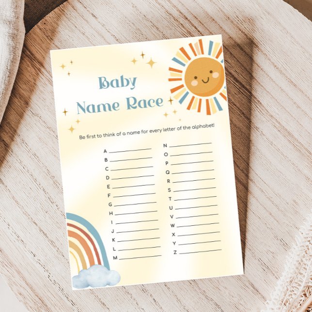 Lámina Retro Sunshine Baby Shower Baby Name Race Game (Retro Here Comes The Son Sunshine Baby Shower Game)