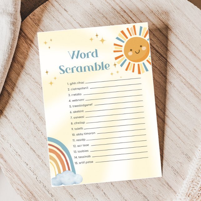 Lámina Retro Sunshine Baby Shower Word Scramble Game (Retro Here Comes The Son Sunshine Baby Shower Game)