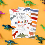 Lámina ¡Roar presupuesto! Cute Dinosaurios Boy Birthday P<br><div class="desc">¡Paro, Chomp y Roar! ¡fiesta como un dinosaurio! ¡Un presupuesto y una invitación perfecta para un fiesta lleno de diversión! Los detalles del evento están enmarcados por diferentes dinosaurios en azul, amarillo, naranja, rojo, rosa, verde, gris y marrón. Entre los animales se encuentran las hojas tropicales dibujadas a mano y...</div>