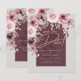 Lámina Rojizo Rosa Granate Floral Boda GUARDA LA FECHA
