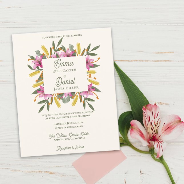 Lámina Romantic Blush Pink Lily Botanical Wedding Invite (Blush Pink Lily Botanical Wedding Invitation Flat Card | Romantic Watercolor Floral Garden Wedding )