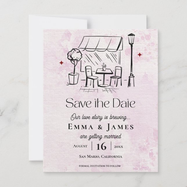 Lámina Romantic Pink Café Courtyard Wedding Save the Date (Anverso)