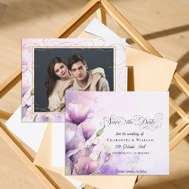Lámina Romantic Purple Floral Wedding Photo Save the Date
