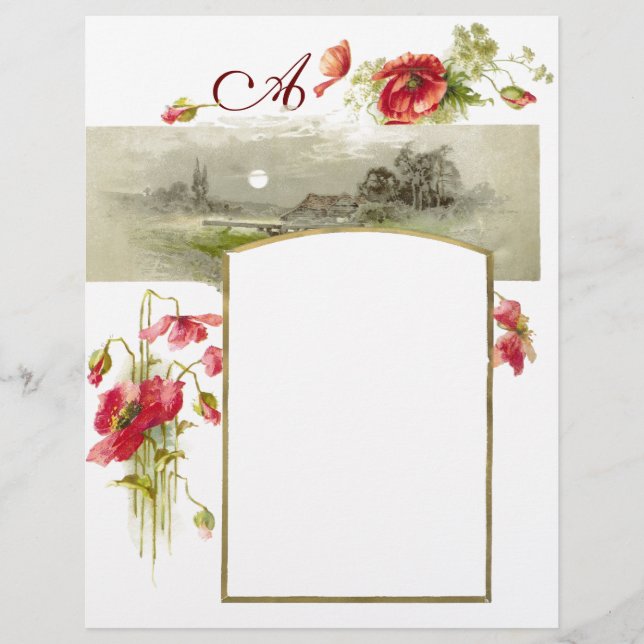 Lámina ROMANTİCA MONOGRAM / POPPIES, rojo, verde, blanco (Anverso)