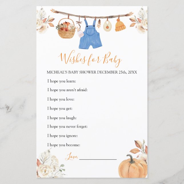 Lámina Ropa de niño Calabaza Baby Shower desea un bebé (Anverso)