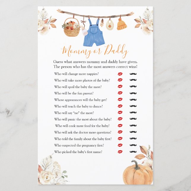 Lámina Ropa de niño Calabaza Baby Shower mamá o papá (Anverso)