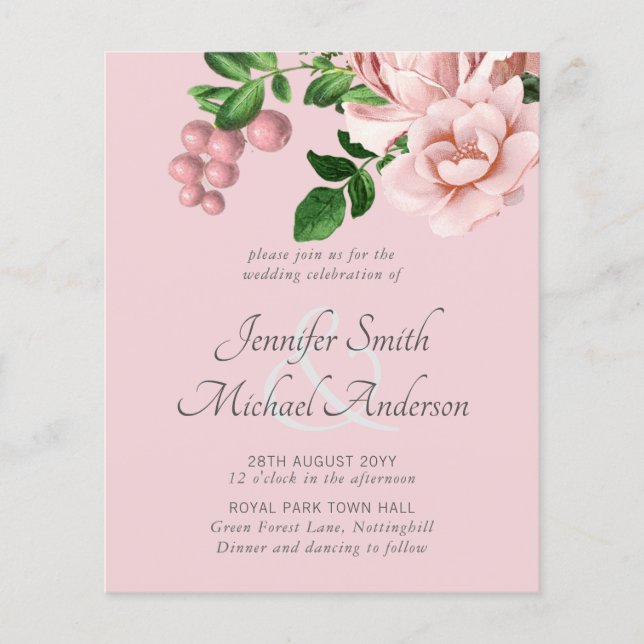 Lámina Rosa Boda Botánica de Oro de Boda Floral Invitacio (Anverso)