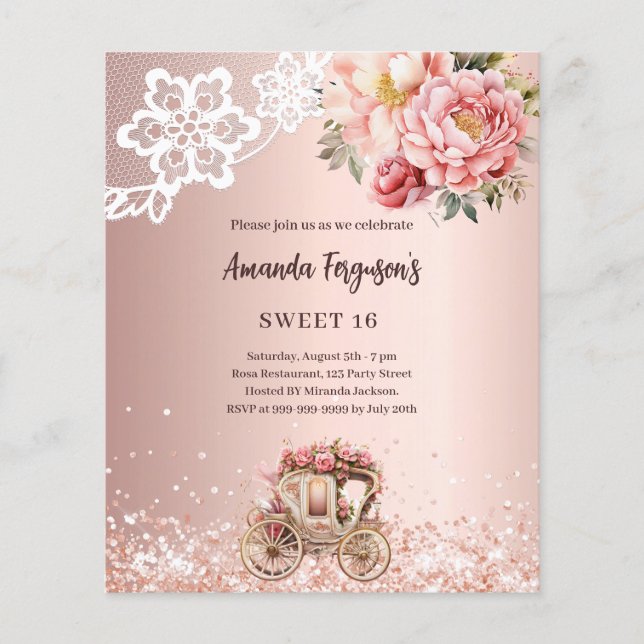 Lámina Rosa carro floral de oro Sweet 16 invitación (Anverso)