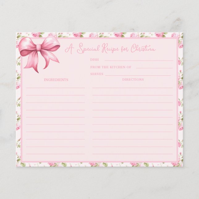 Lámina Rosa de cabaña Coquette Bridal Shower Receta (Anverso)