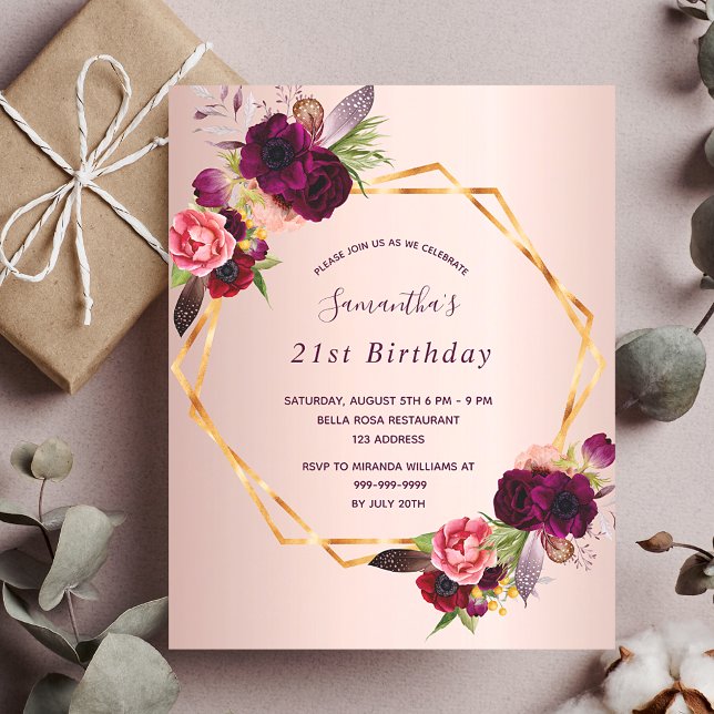 Lámina Rosa de cumpleaños oro florals burgundy geo invita (Subido por el creador)