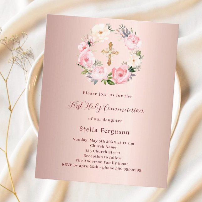 Lámina Rosa de flores de rubor dorado Primera invitación  (Subido por el creador)