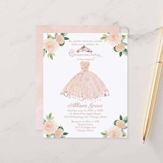 Lámina Rosa de Invitación Quinceanera de presupuesto (Anverso/Reverso In Situ)