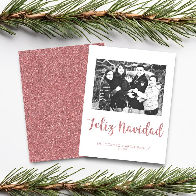Lámina Rosa de oro de Budget Feliz Navidad (Budget Feliz Navidad Rose Gold Glitter Photo Card)