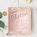 Lámina Rosa de oro script presupuesto Sweet 16 invitación<br><div class="desc">Una invitación moderna de Sweet 16. Fondo Subió de gradiente dorado y la palabra Dieciséis escrito con letras grandes. Decorada con purpurinas falsos,  chispas. Personalice y agregue un nombre y detalles del fiesta. 1 hoja = 1 borde impreso de invitación al borde.</div>