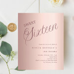 Lámina Rosa de oro script presupuesto Sweet 16 invitación<br><div class="desc">Una invitación moderna de Sweet 16. Fondo Subió de gradiente dorado y la palabra Dieciséis escrito con letras grandes. Personalice y agregue un nombre y detalles del fiesta. 1 hoja = 1 borde impreso de invitación al borde.</div>