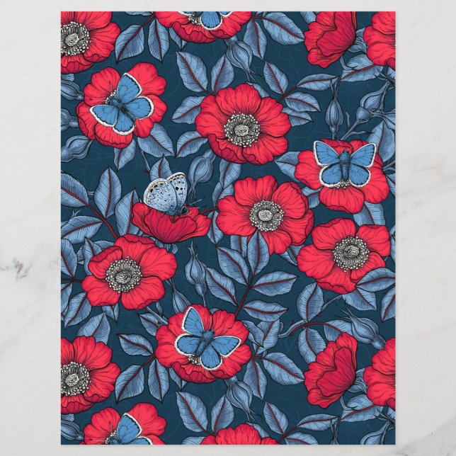 Lámina Rosa de perro y mariposas en azul y rojo (Anverso)