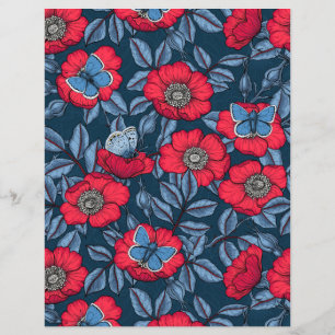 Lámina Rosa de perro y mariposas en azul y rojo