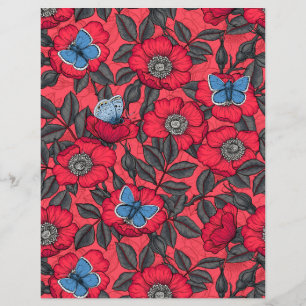 Lámina Rosa de perro y mariposas en rojo y azul