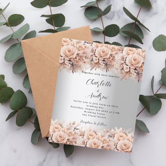 Lámina Rosa de plata floral elegante invitación a la boda (Subido por el creador)