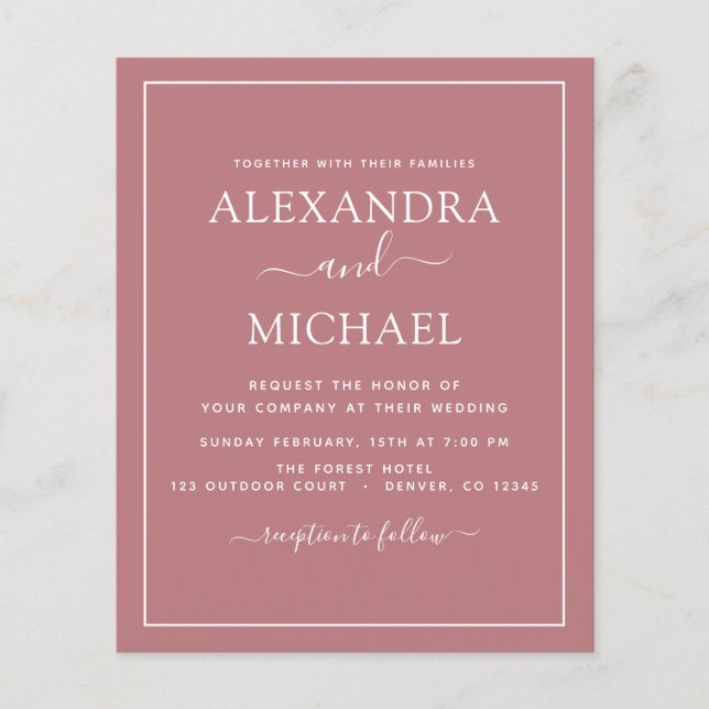 Lámina Rosa  de presupuesto Boda rosa tipografía moderna (Anverso)