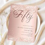Lámina Rosa de presupuesto de guión de oro 50ª invitación<br><div class="desc">Una invitación moderna y de diseño para una fiesta de cumpleaños número 50. Decorado con confeti. Fondo de gradiente de oro Rosa y la palabra Cincuenta escrita con letras grandes y elegantes en oro rosa oscuro. Personalice y agregue un nombre y detalles del fiesta. 1 hoja = 1 borde impreso...</div>